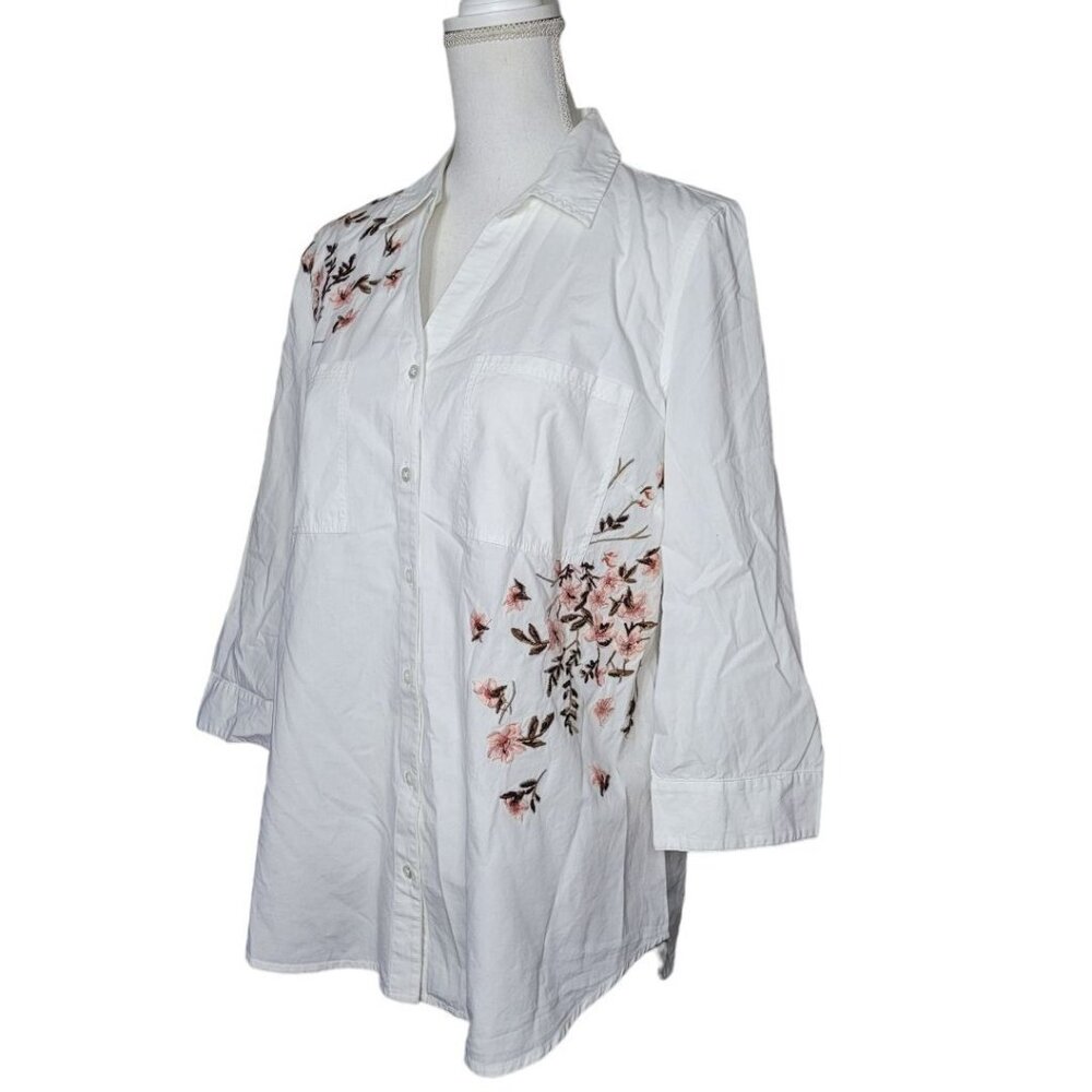Gloria Vanderbilt Embroidered Button Down Shirt White Pink Floral Womens‎ Large